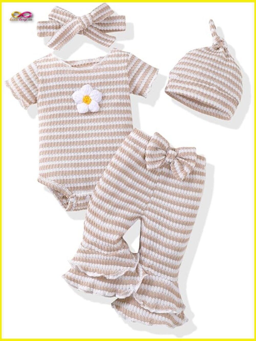Preemie Baby Girl Romper & Bell Bottom Pants Set Short Sleeve Bow Front 2pc
